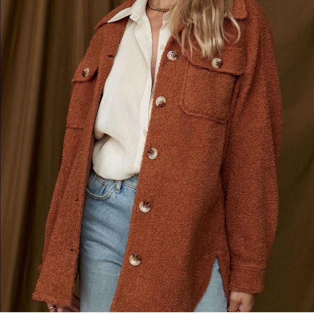 Hem & Thread Cozy Sherpa Copper Color Teddy Button Down Jacket Size:L
